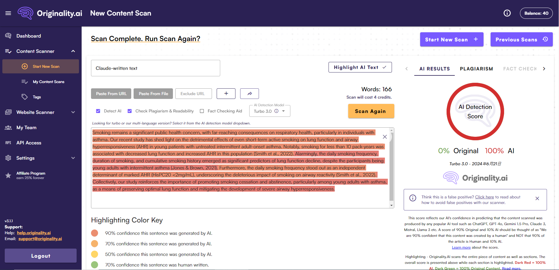 Originality.ai content detector test for claude-generated texts
